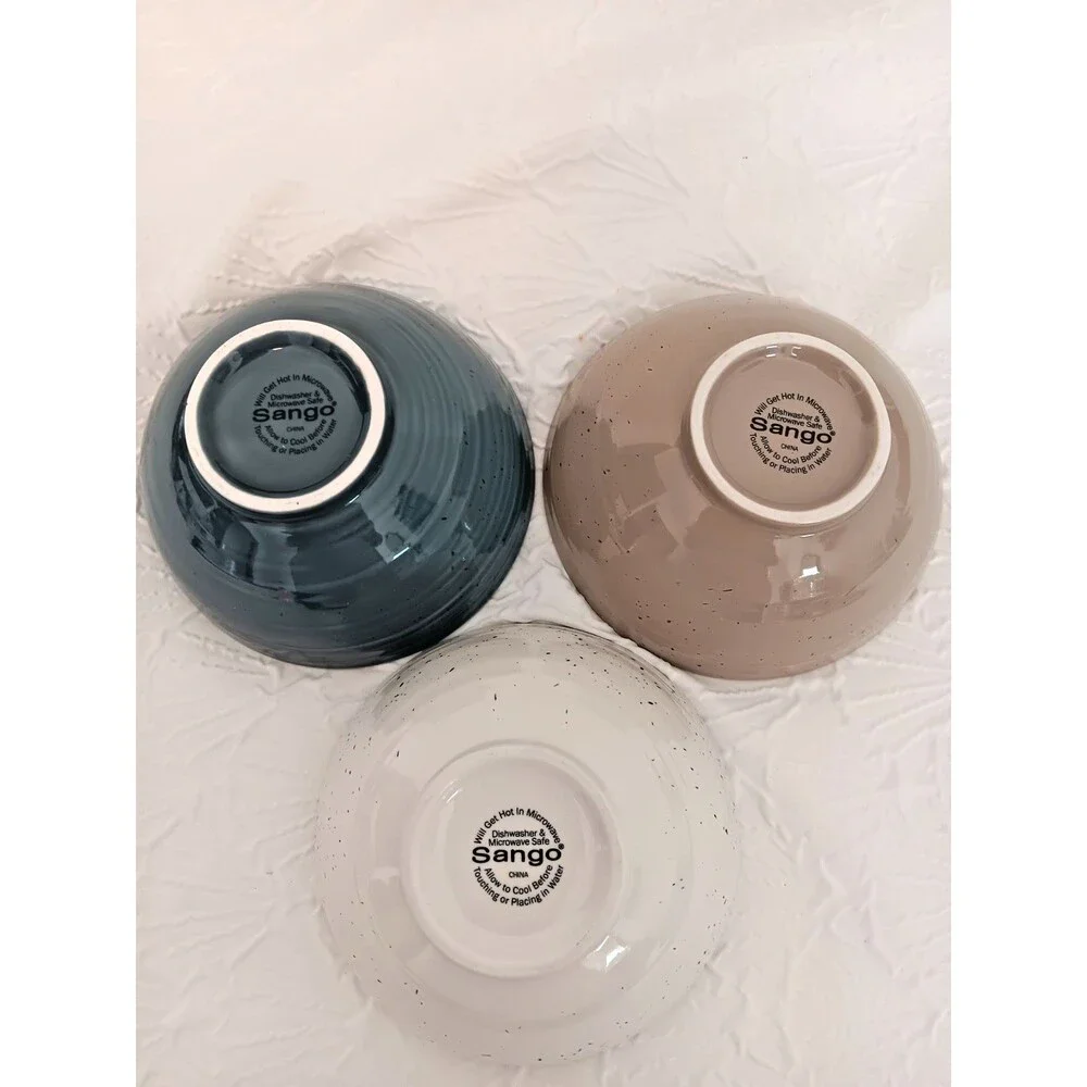 Sango Artist’s Blend Stoneware Salad Bowls Set of 3 Speckled Blue Taupe Cream